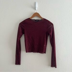 Sparkle Burgundy Long Sleeve Crop Top Mesh Y2K Festival Rave Fairy Whimsygoth